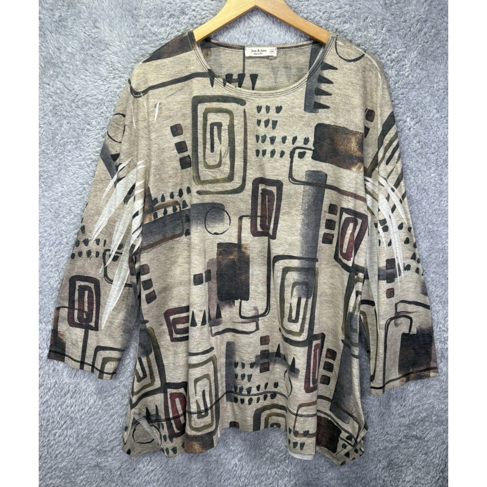 Jess & Jane Womens 1X Abstract Print Tunic Top Artsy Lagenlook Made USA Stretch